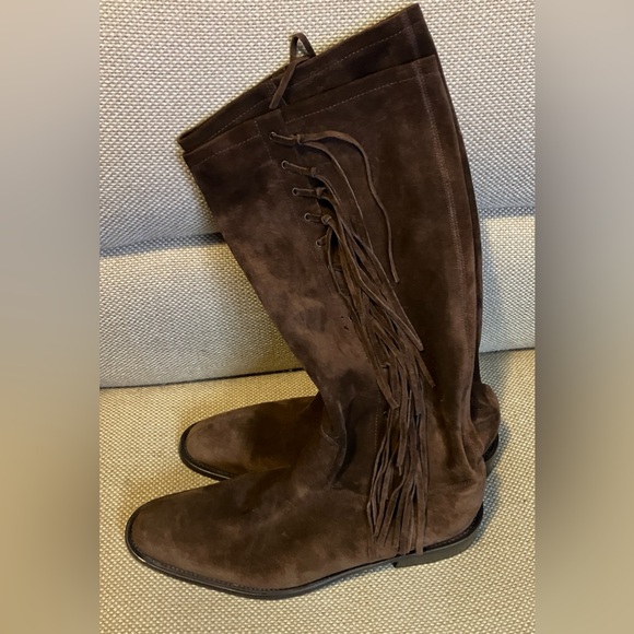 Size 7.5 B Coach Arianna Brown Suede Fringe Boots Mid Calf Italy Pull On - Picture 2 of 7